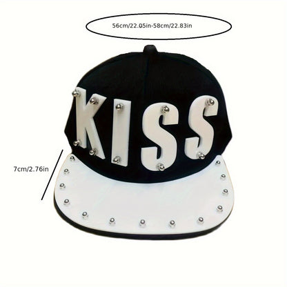 Punk Style Men'S Baseball Cap, 100% Polyester Lightweight Flat Brim Hat with Alphabet Pattern and Embellishments, Non-Stretch Fabric