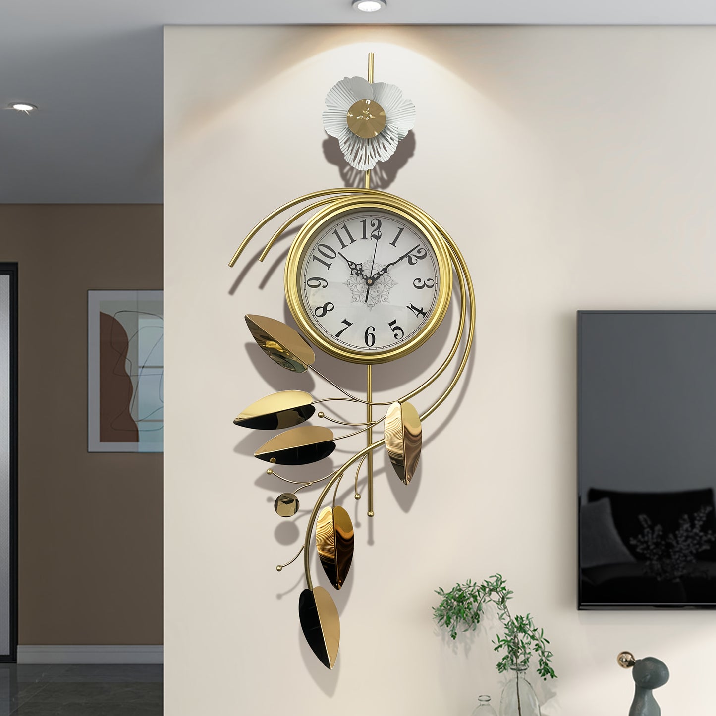 16.54x1.97x38.19inch New Chinese Style Ginkgo Leaf Wall Clock, Fashionable Light Luxury Silent Decorative Hanging Timepiece for Living Room, Stylish Wall Clock, Clocks For Living Room, Oversized Wall Clock, Retro Wall Clock