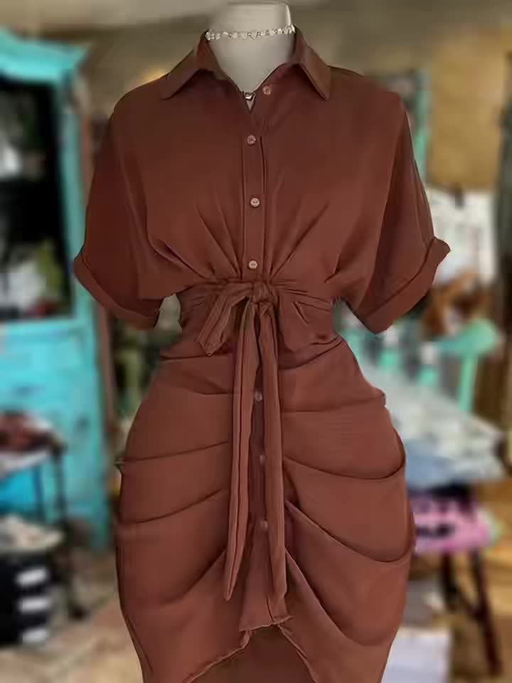 Women'S Stylish Solid Color Short-Sleeve Dress with a Single Button, Tie, And Bow Detail.