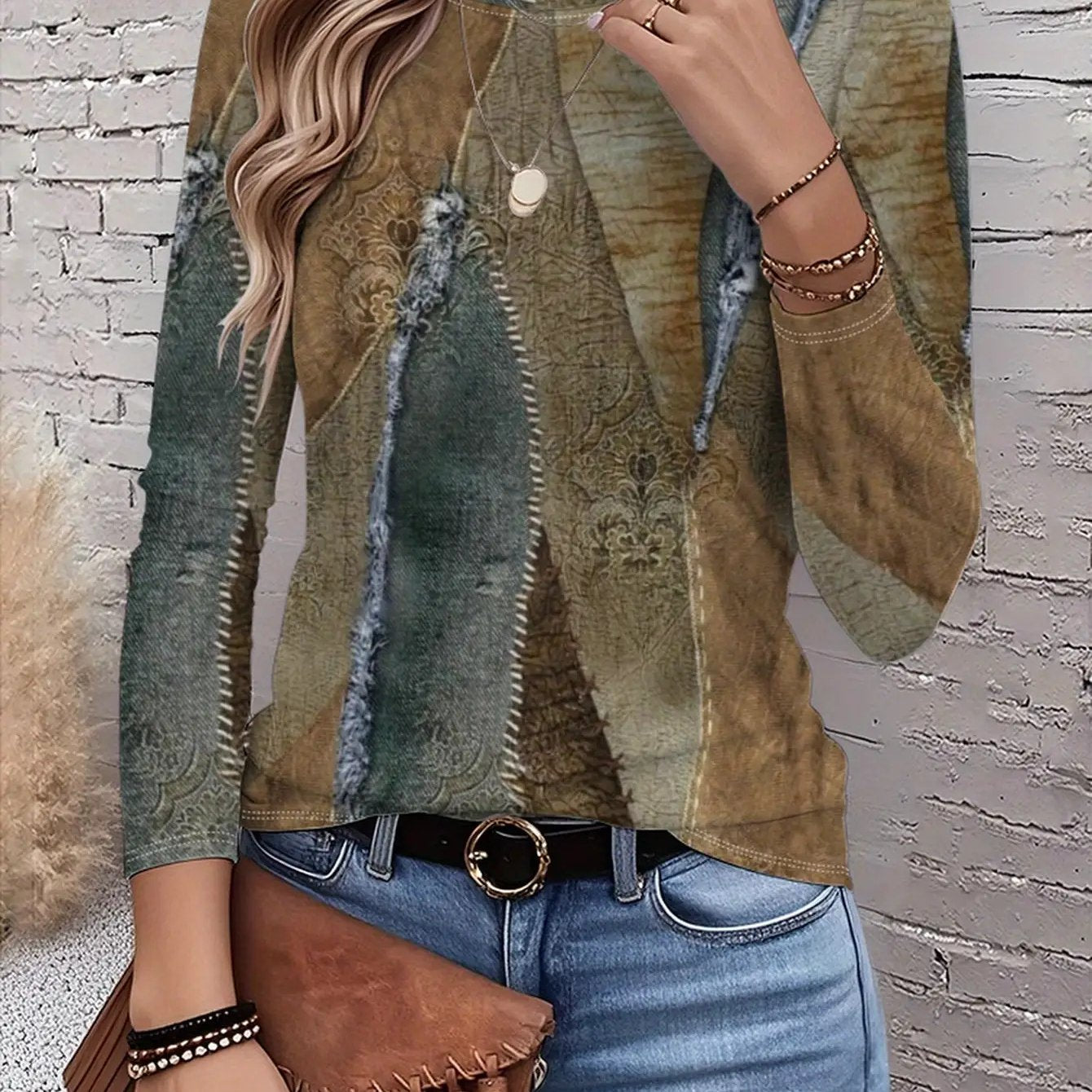 Women'S Casual Crew Neck T-Shirt with Intricate Floral Print - Short Sleeve Round Neck Top, Vibrant Green & Brown Leaf Pattern, Breathable Fabric, Spring/Fall Layering Essential for Casual & Semi-Formal Outfits, Versatile Eve