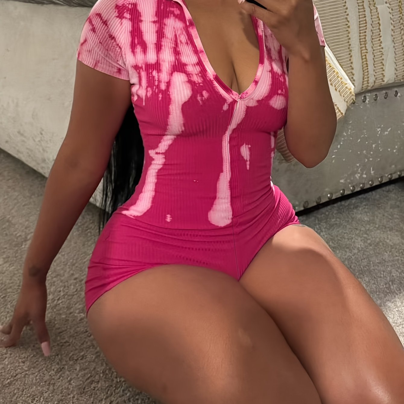 2025 European and American Street Style Hot Print V-Neck Jumpsuit Casual Y Waist-Cinching Butt-Lifting Trend