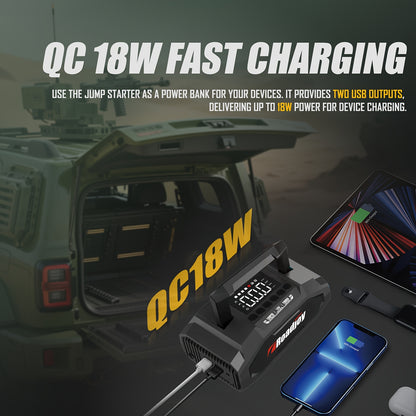 Roadjoy 7000A Peak Portable Jump Starter with Air Compressor, 150PSI Digital Tire Inflator, 12V Car Battery Charger, 2.11gal Gas/Diesel Engine, Fast Charge USB QC18W, LED Emergency Light, Power Bank & Power Station, USB-Power