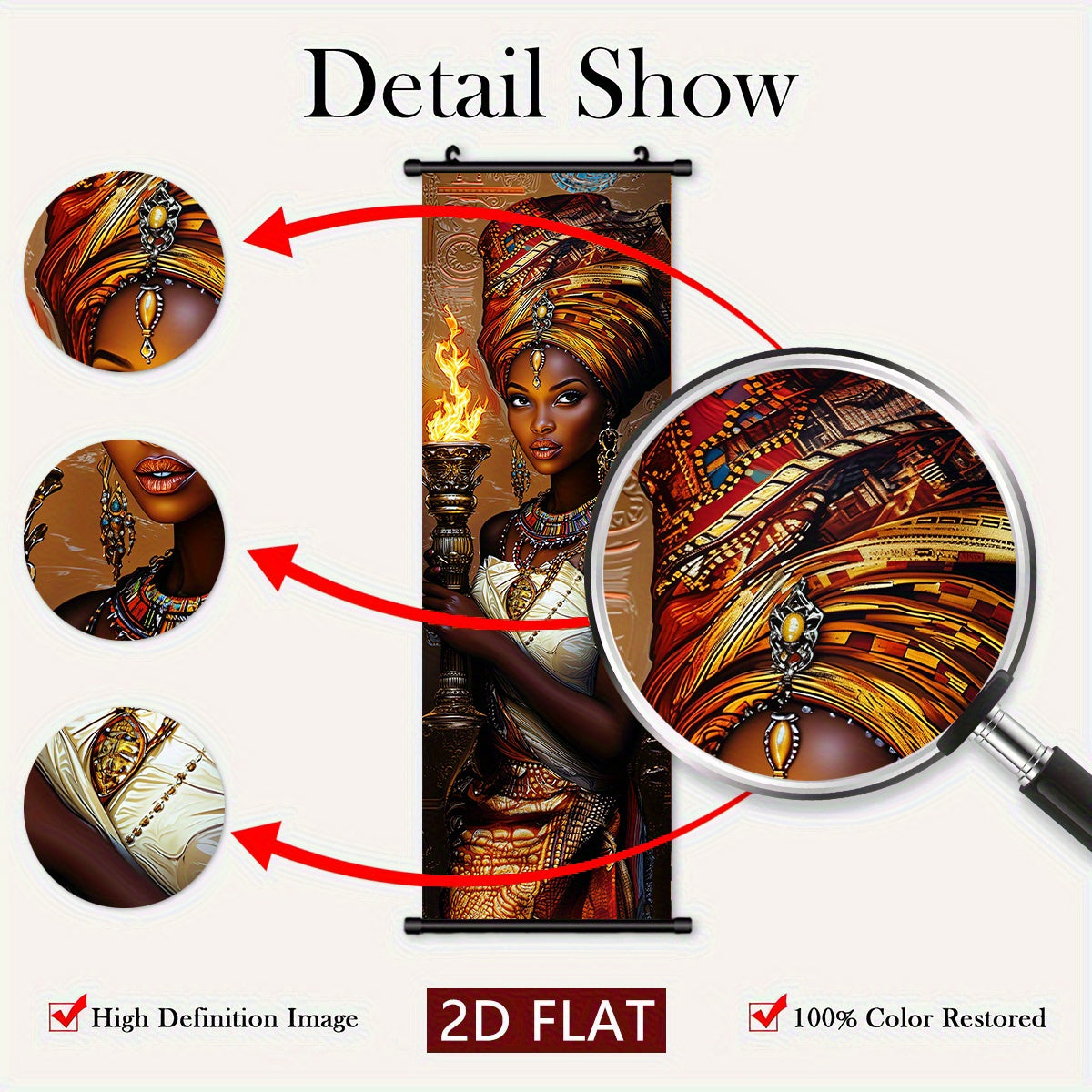2D Flat, 2D/FLAT-3 African Flame Theme Women's Scroll, High-Quality Art Hanging Painting, Fade-Resistant & Odorless Modern Decor for Living Room, Bedroom, and Kitchen