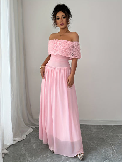 Women'S Elegant Off-Shoulder Maxi Dress - Formal Party Wedding Gown with Waist, Flattering A-Line Silhouette, Soft Pink Formal event dresses for Women - K2533418, Dresses for Wedding Guest, Evening Gown, Offshoulder Design, D