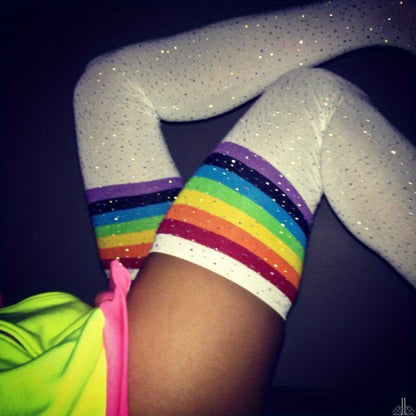 Sexy Cute Crystal Hot Diamond Knee Socks, Three-bar Striped Long Thigh-high Socks, Sparkling Party Stockings, Light Beige-friendly and Durable, Fashionable Leg Decoration Clothing, Suitable for Parties, Dates, Christmas, Hall