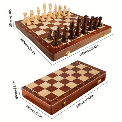38.1cm X 38.1cm/15" X 15" Chess Solid Wood Large Premium Folding Set, Chess Pieces Solid Wood, Checkerboard Walnut, Internal Storage Box