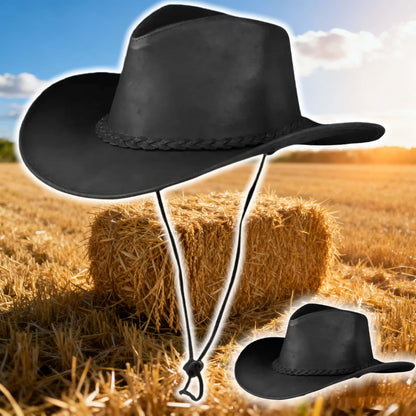 Men and Women Black Genuine Leather Cowboy Western Hat – Classic Ranch Style Outdoor Riding Accessory for Festivals, Country Events, Camping, Hiking, Line Dancing, Rodeo & Travel – Great Gift for Christmas, New Year, Wint