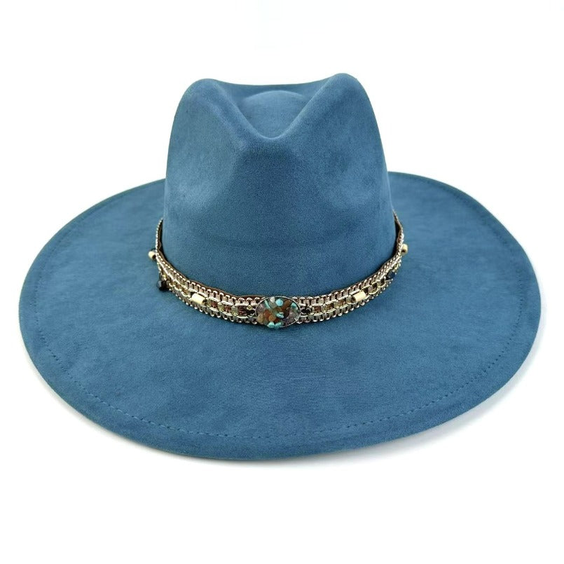 1pc Bohemian-Style Wide-Brimmed Women'S Felt Hat - with a Turquoise Bead Chain Decorative Band - Suitable for Holiday Dress-Up, Cowboy-Inspired Looks, Daily Casual Wear, And As a Photography Prop for Bohemian Home Decor, Fest