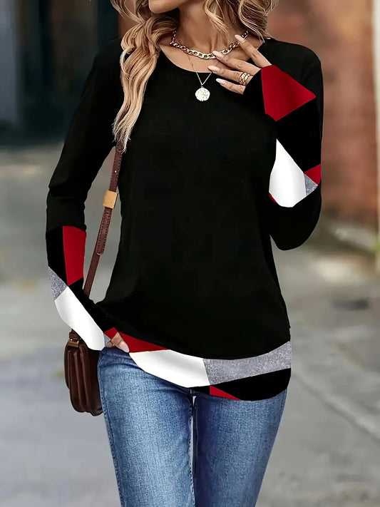 Women's Elegant Long Sleeve Color-Block Diagonal Striped Round Neck Pullover- Black/White/Red/Grey Medium Stretch Regular Fit Top, Suitable for Spring and Autumn Casual and Semi-Formal Wear