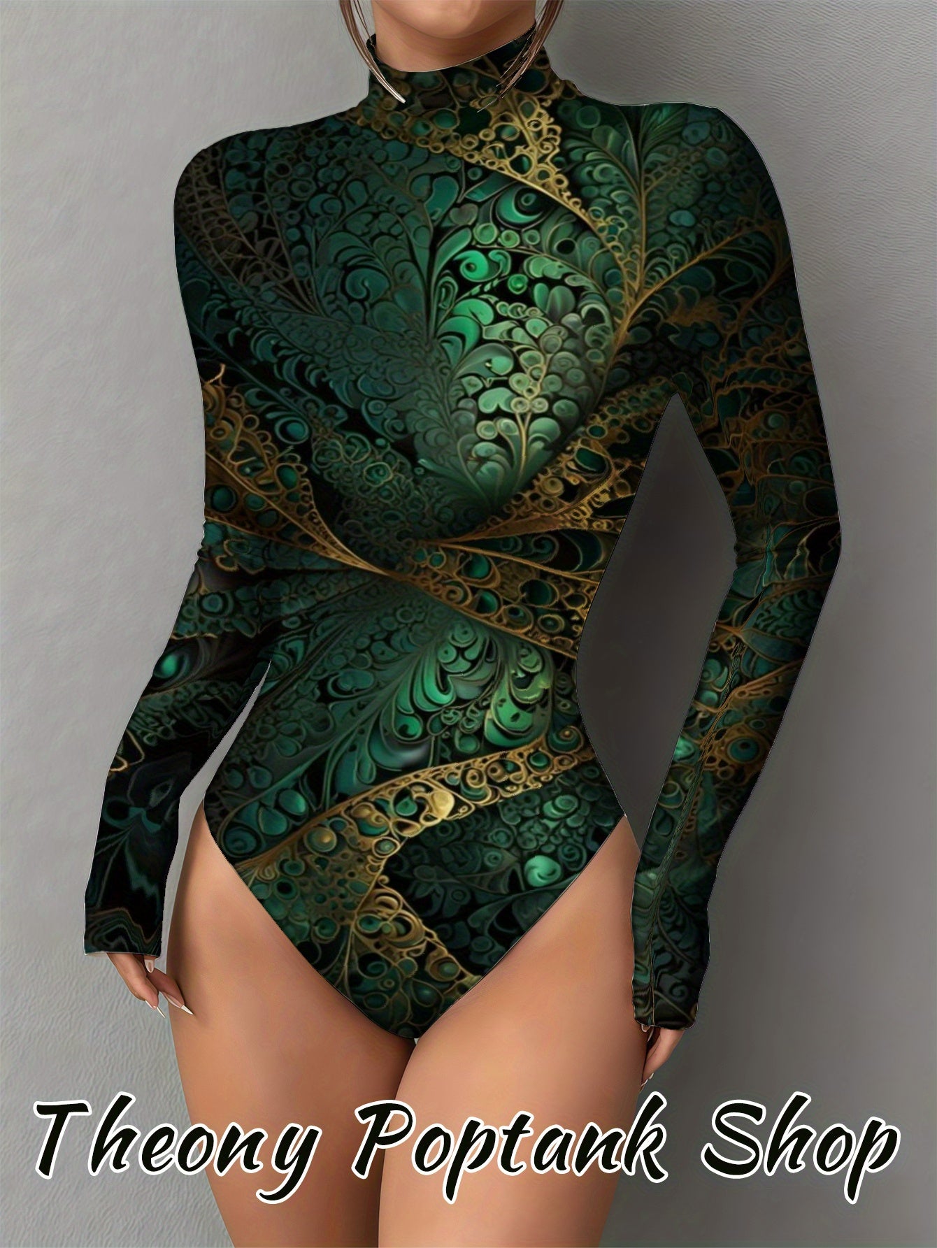 Women's Thermal Long Sleeve Bodysuit with Emerald Fractal Art Print - Soft Round Neck Winter Jumpsuit, Solid Color Blouse for Layering, Machine Washable Fall & Christmas Outfit, Comfortable Versatile Basic Wardrobe Staple