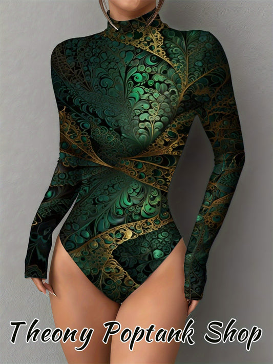 Women's Thermal Long Sleeve Bodysuit with Emerald Fractal Art Print - Soft Round Neck Winter Jumpsuit, Solid Color Blouse for Layering, Machine Washable Fall & Christmas Outfit, Comfortable Versatile Basic Wardrobe Staple