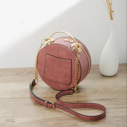Vintage-Inspired Clock Handbag with Adjustable Strap – Stylish Round Design in Caramel, Pink, or Black – PU Material, Zip Closure, Perfect for Casual Outings