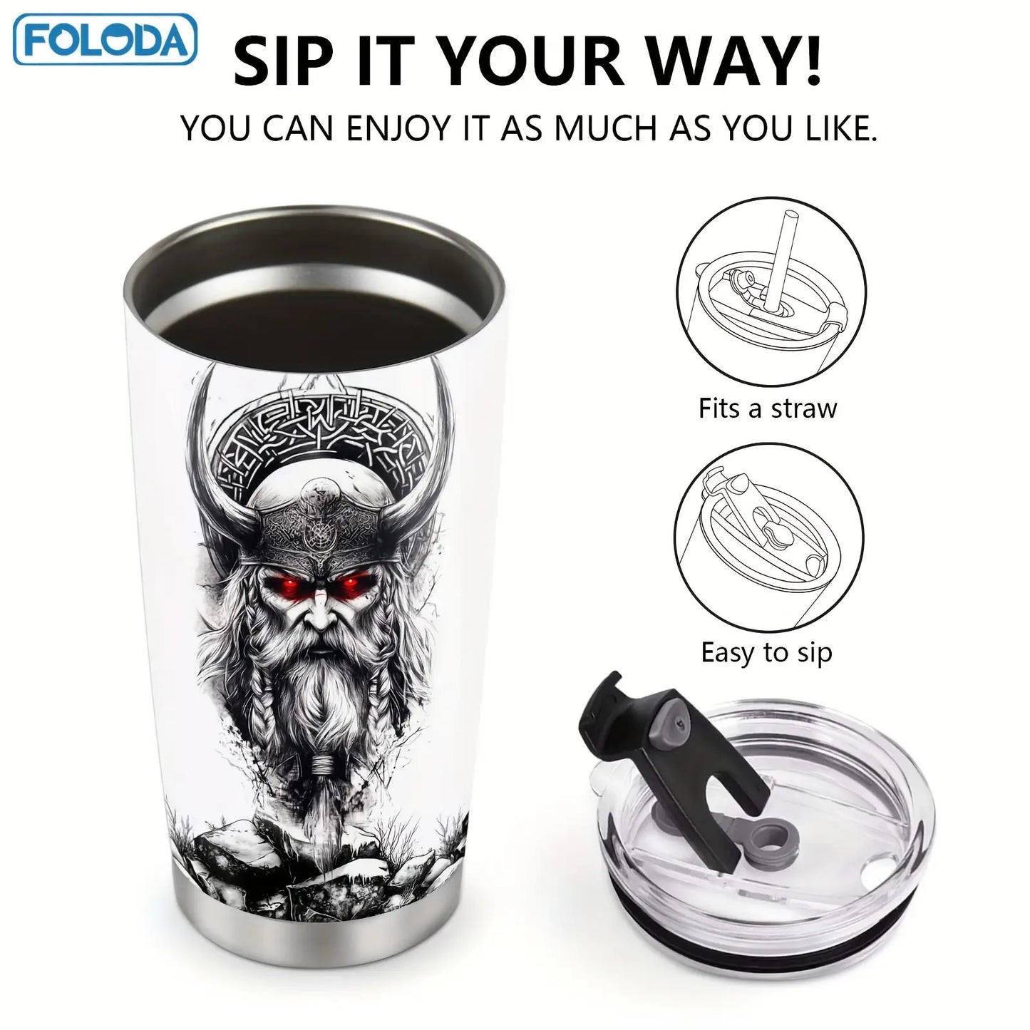 Foloda 20oz Viking Wolf Tumbler with Lid - Insulated Stainless Steel Travel Mug, Norse Design Thermal Cup with Leakproof Lid & Straw Compatible, Double-Wall Vacuum Insulation for Hot/Cold Drinks, Viking Warrior & Wolf Howling