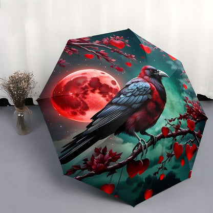 Automatic Folding Umbrella A red and black crow perched on a branch with red hearts against a full red moon. Portable collapsible design, casual outdoor accessory, Christmas birthday festival friends family