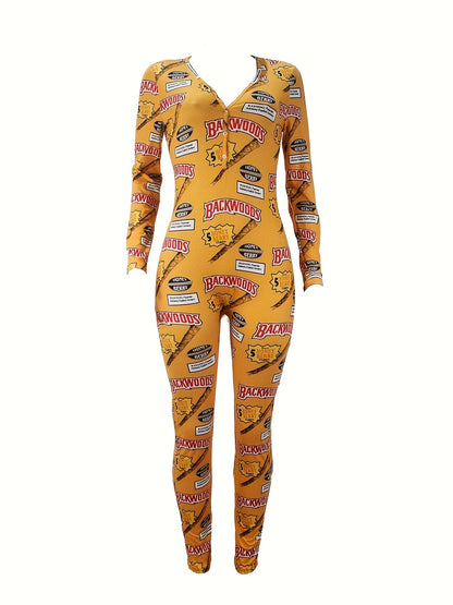 Women'S Sexy Long Sleeve V-Neck Loungewear Jumpsuit - Yellow "Backwoods" Graphic Print, Off-Shoulder Design, High-Waisted Romper for Summer, Comfortable & Stylish Sleepwear, Casual Loungewear | Vneck Jumpsuit | Polyester Blen