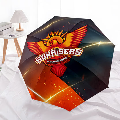 Sunrisers Hyderabad Team-Themed Automatic Folding Umbrella - 8-Rib Durable Design, Windproof & Portable Travel Umbrella with Vibrant Logo, Ideal for Holiday Gifts, Black with Red & Yellow Accents, Travel Umbrella | Team Theme