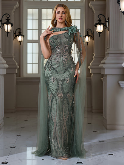 Elegant Sequined Beaded Embroidered Lace - Bodycon Mermaid Dress - with 3D Flower Applique | Crew Neck - Extra-long Train - Suitable for Parties, Weddings, and Banquets
