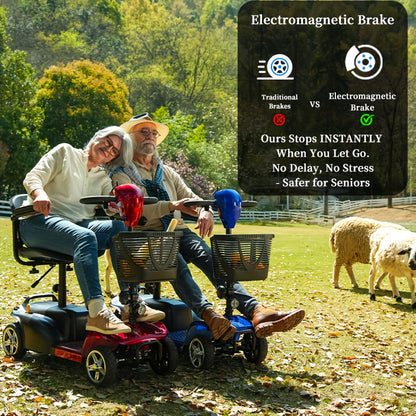 Adult And Mobility Scooter: 250W Four-wheel Foldable Scooter with A Speed Of 6 Mph, 24V 13Ah A Range Of 15 Miles, A 360° Swivel Seat, A Removable Shopping Basket And LED Headlights.