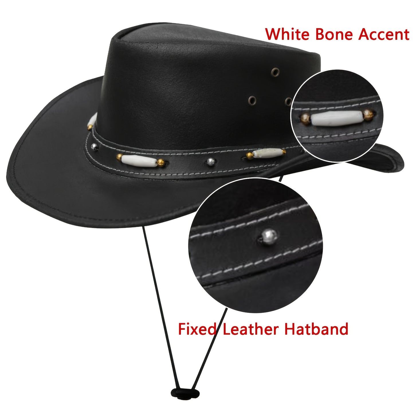 Black Leather Cowboy Hat for Men & Women - Shapeable Wide Brim, Aussie Style Leather Hat - Western Australian Outback Hat - For Outdoor Activities & Western Events - Perfect Gift for Cowboys & Cowgirls