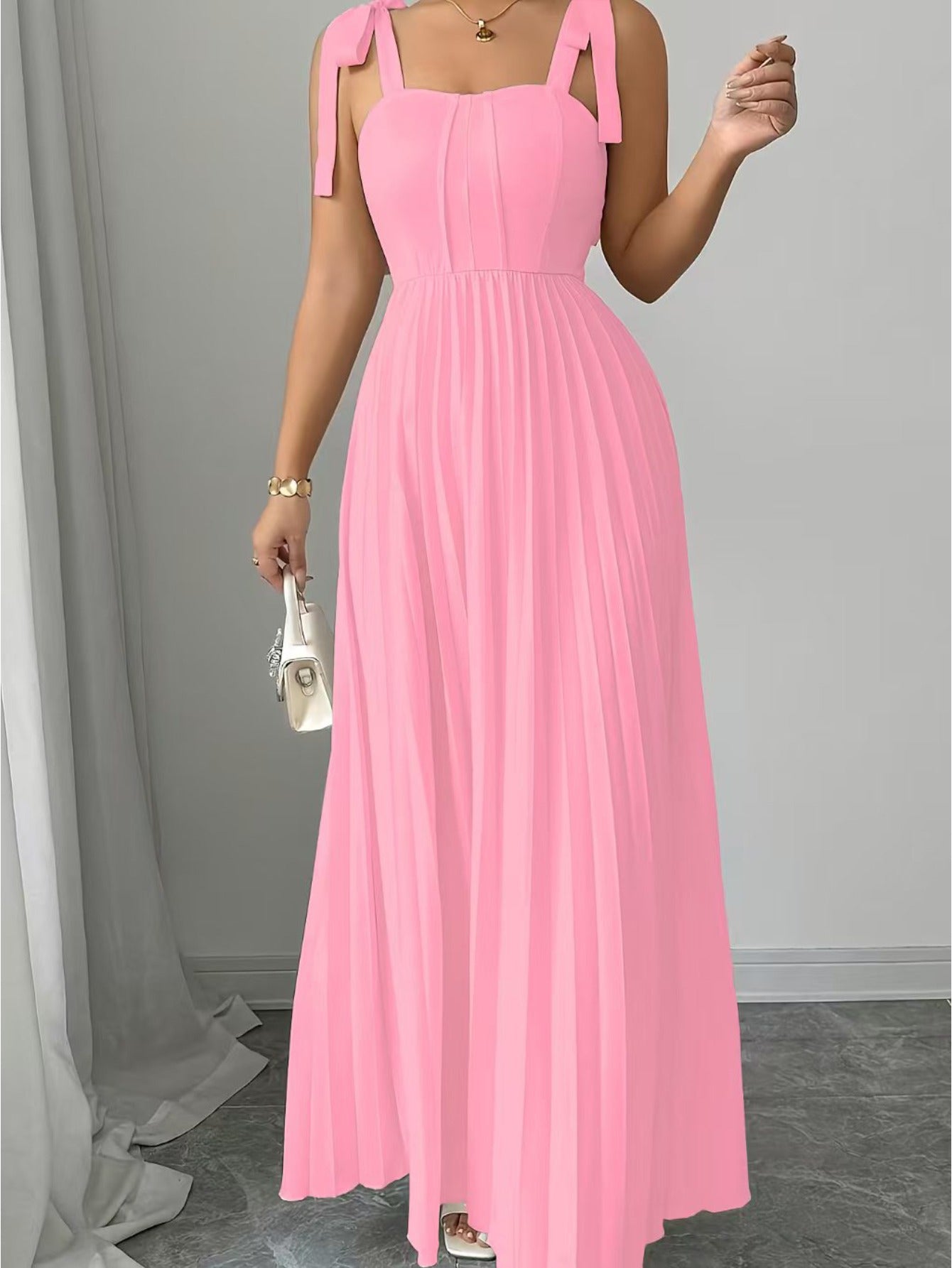 Plus Size - Plus-Size Women'S Elegant Halter Neck A-Line Dress with Bow Accent & Pleated Skirt - Vibrant Pink Floor-Length Formal Party Wedding Guest Dress, Round Neck Long Sleeve Spring/Autumn Evening Gown, Structured Fit fo