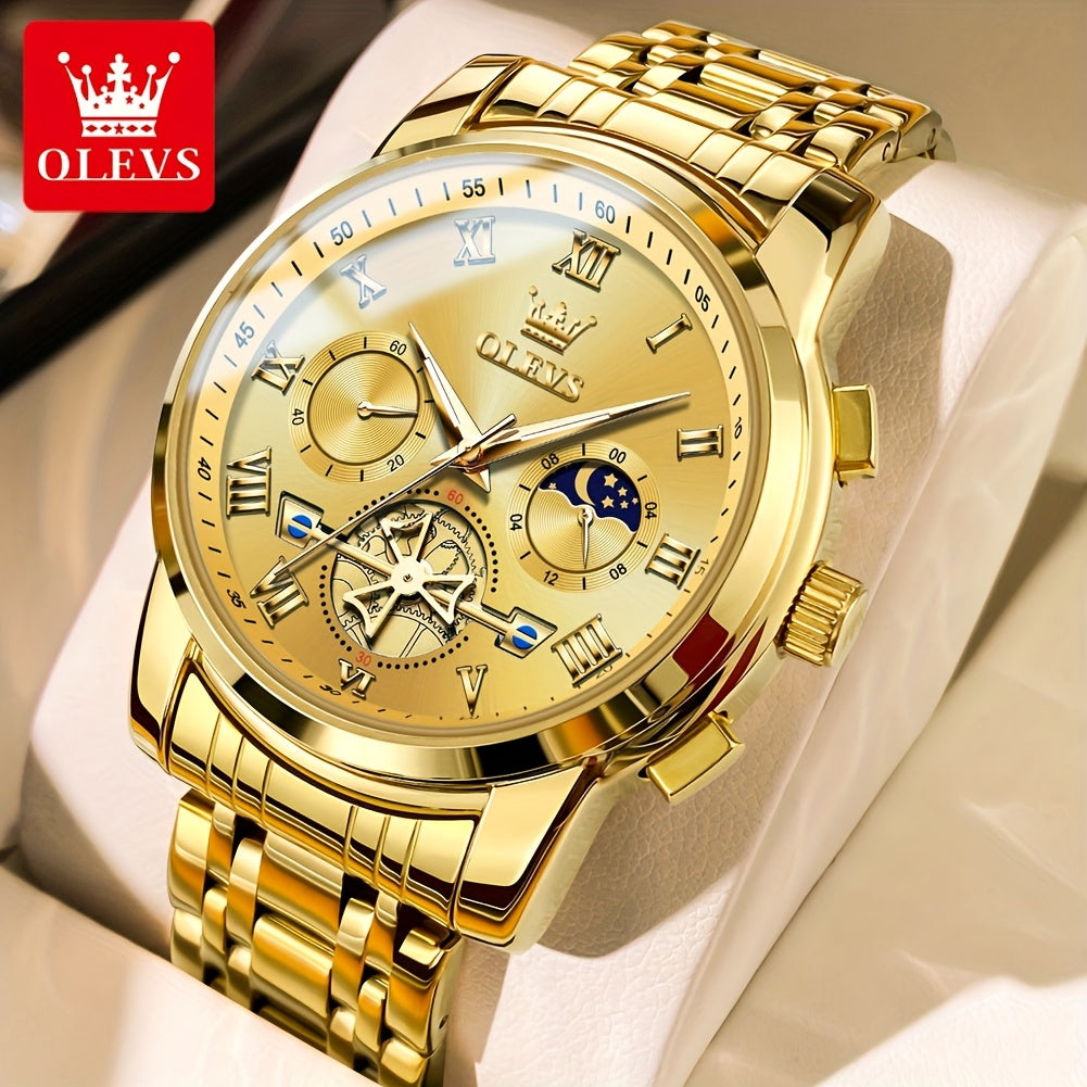 OLEVS Men's Luxury Multifunctional Quartz Watch - Stainless Steel Luminous Analog Watch with Moon Phase, Chronograph, Date/Day/24H Indicator, Golden-Tone & Bracelet for Business, Casual, Casual Attire - Dress Watch