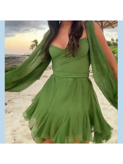 2026 New Spring Summer Women's Dress - V-Neck Solid Pleated Elegant Style, Sexy Chic Long Sleeve Gown, Versatile for Everyday Outfits