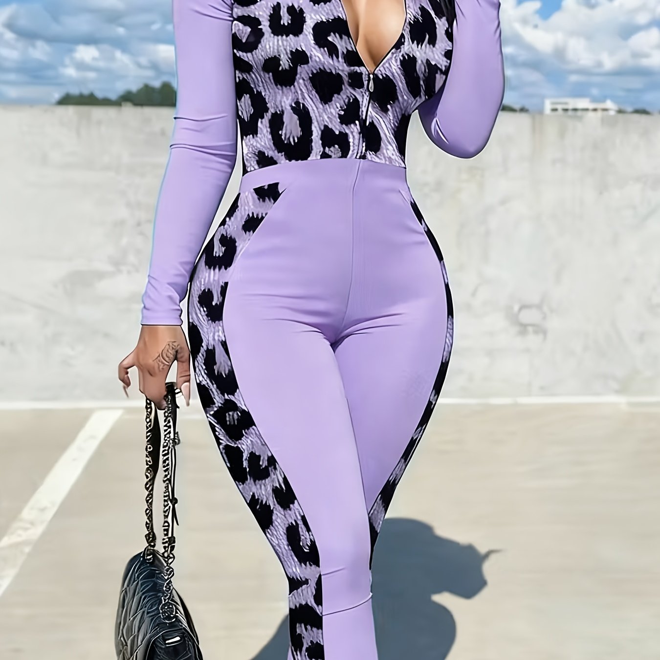 Plus Size, Fashion Women's Clothing | Women's Zip - Up Jumpsuit Set | Bright Green with Black Leopard Print Patchwork | Long Sleeve Full - Zip Design | Slim Fit | Suitable for Daily Outings & Multiple Occasions