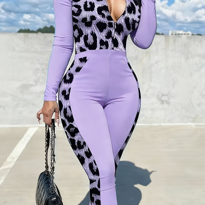 Plus Size, Fashion Women's Clothing | Women's Zip - Up Jumpsuit Set | Bright Green with Black Leopard Print Patchwork | Long Sleeve Full - Zip Design | Slim Fit | Suitable for Daily Outings & Multiple Occasions