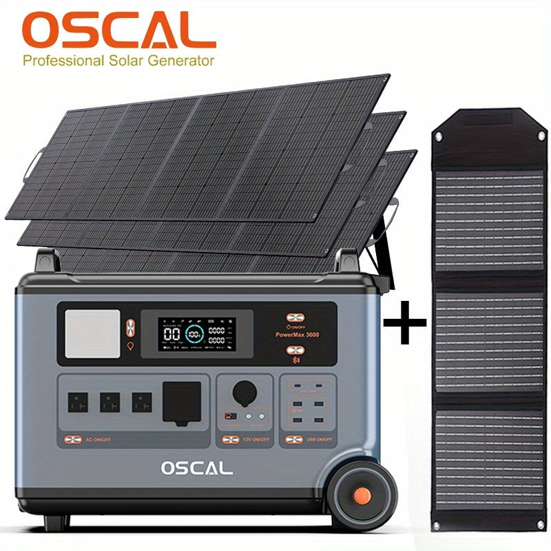 OSCAL 3600Wh Solar Generator PowerMax 3600 With 3x400W Panel, Solar Power Station With 4 AC (7200W Peak), 1.2H Full Charging, App Control Emergency Power Station For Home, Camping & RVs With A Bonus 30W Solar Panel