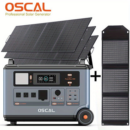 OSCAL 3600Wh Solar Generator PowerMax 3600 With 3x400W Panel, Solar Power Station With 4 AC (7200W Peak), 1.2H Full Charging, App Control Emergency Power Station For Home, Camping & RVs With A Bonus 30W Solar Panel