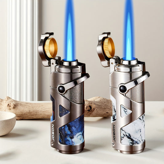 3-in-1 Windproof Refillable Butane Torch Lighter with Punch & Draw Enhancer - Jet Blue Flame Lighter Suitable for Camping, BBQ, Outdoor - Heavy-Duty Zinc Alloy (No Fuel Included)