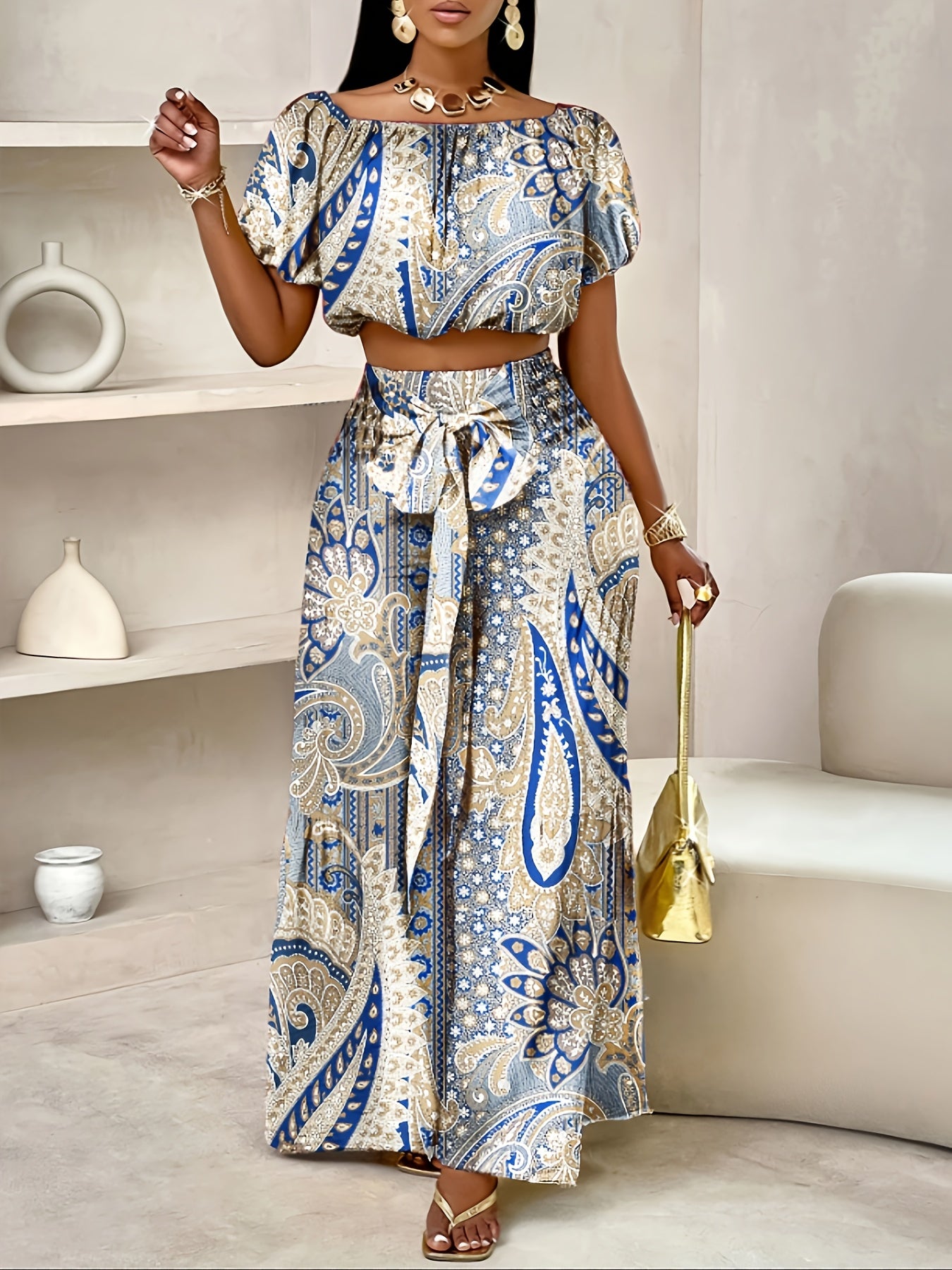 Summer Paisley Print Single Shoulder Bat Sleeve with Lace Edge Off Shoulder Short Top and Wide Leg Pants Set