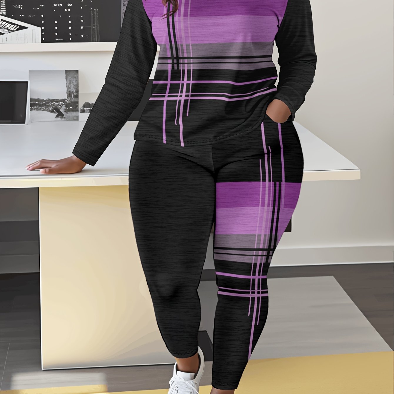 Women'S Casual Striped Print Long Sleeve Crew Neck Jumpsuit with Pockets, 100% Polyester Fabric, Slight Stretch Pullovers, Fashion Lash Sets for Everyday Wear