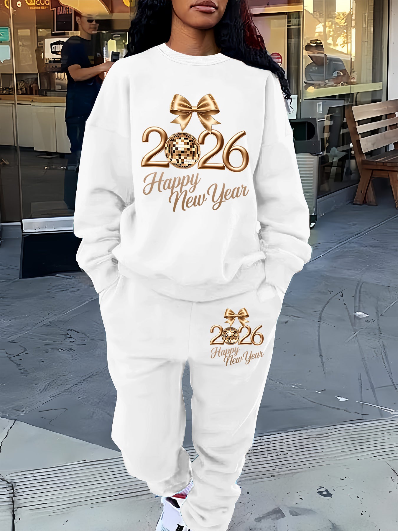Women'S Casual Crew Neck Sweatshirt & Pants Set - Cozy Fleece-Lined Two-Piece Outfit with "Happy New Year" Print, Perfect for Fall/Winter, Casual Wear, |playful Print|fleece Lined Pants, Sweater Pants
