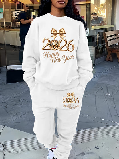 Women'S Casual Crew Neck Sweatshirt & Pants Set - Cozy Fleece-Lined Two-Piece Outfit with "Happy New Year" Print, Perfect for Fall/Winter, Casual Wear, |playful Print|fleece Lined Pants, Sweater Pants