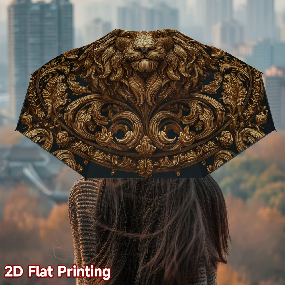 Automatic Open/Close Umbrella with Golden Lion Head Design - Elegant Black & Golden Accent Folding Umbrella, Heavy-Duty Iron Frame & 8-Rib Structure, Auto Open Close Button, Compact Travel Umbrella for Women/Men, Ideal Gift f