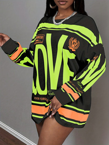 Plus Size - This Plus-Size Women'S American Street Style Long-Sleeve Top Features a Large 'LOVE' Letter Print That Is Eye-Catching. with Text And Stripe Elements, It Exudes a Strong Sense of Fashion. The Loose Fit Is Friendly