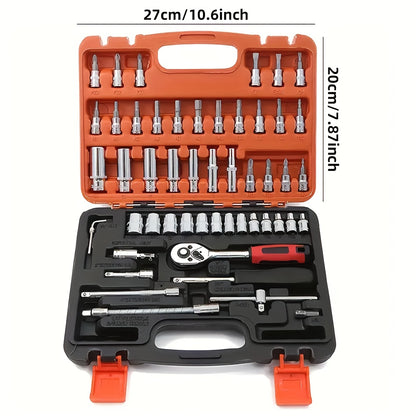 A Collection of 53 Mechanical Tool Kits, Including 1/2" And 1/4" Drive Depth And Standard Sockets, Ergonomic Handles, Ratchet Wrenches, Tools for Automotive And Bicycle Repairs, As Well As Household Maintenance Tools.