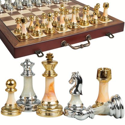 16.5-inch Chess Set, Featuring A Foldable Wooden Board with Storage Slots, Weighted Acrylic Chess Pieces, Including 2 Extra Queens And A 3.5-inch King Piece, Perfect for Halloween And Christmas Gifts., Large Chess Board, Ches