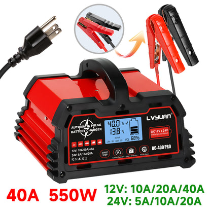 Lifepo4 Battery Charger, 40 Amp Car Battery Charger, Fully Automatic Car Battery Charger for Lead-Acid Batteries (12V/24V) and Lithium Iron Phosphate Batteries (12V), Smart Trickle Charger, AGM Deep Cycle Battery Charger, Sui