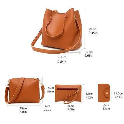 New 4pc Large Capacity Leather Handbag Solid Color Lychee Texture Shoulder Bag Bucket Bag Purse