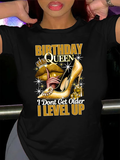 Birthday Queen Printed Women'S T-Shirt - Casual Crew Neck, Short Sleeve Top with High Heels & Crown Design, Perfect for Spring/Summer Celebrations, Birthday Party Apparel | Festive Design | Golden Crown Graphic, Birthday Part