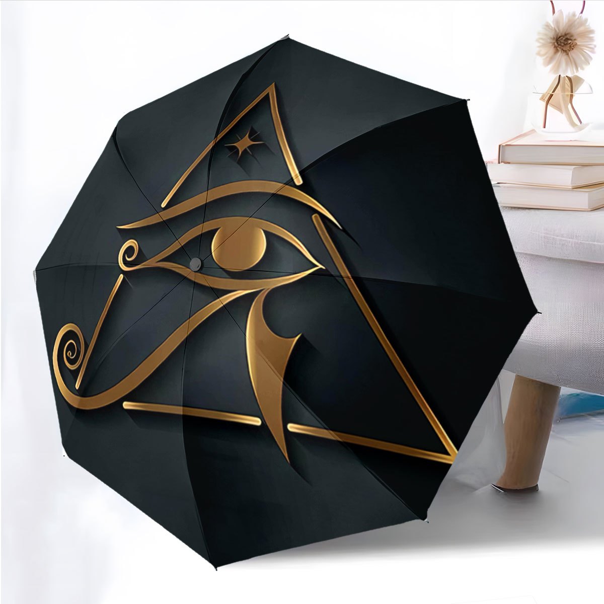 Automatic Folding Umbrella Golden Eye of Horus design. Portable collapsible design, casual outdoor accessory, for all seasons, Christmas birthday festival gift