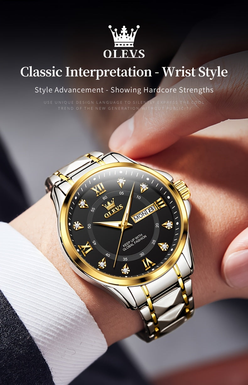 OLEVS Men's Luxury Business Chronograph Watch - Stainless Steel Dual Date & Day Calendar, Luminous Hands, Quartz Movement, Black Dial with Golden Accents for Formal & Casual Wear, Professional Timepiece, Sophisticated Style,
