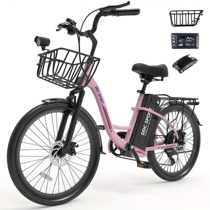 Sakura Pink Electric Bike for Adults, 500W Motor 7-Speed Commuter Ebike with 36V/10.4Ah Removable Battery, 20 MPH & 25-40 Miles Range, 24 Inch Electric Bike, Beach Cruiser Ebike for Women, Students & Commuters, Electric Bike