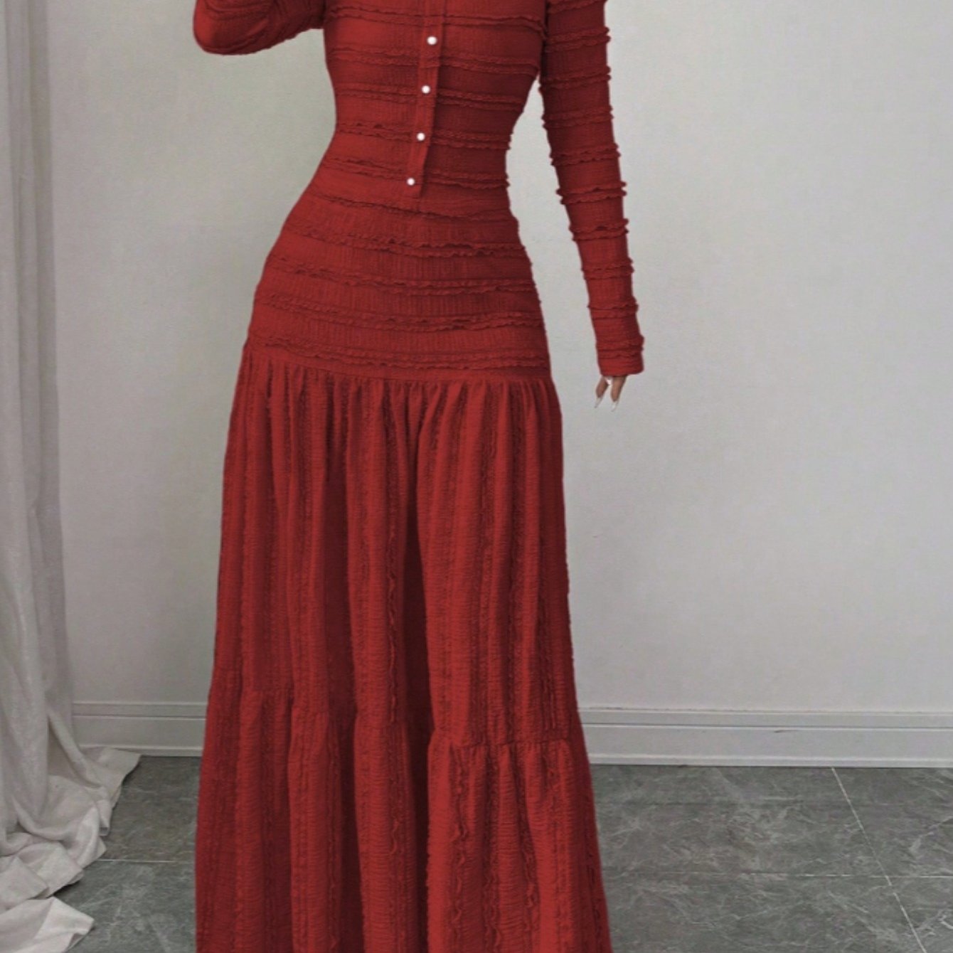 Burgundy Pleated Square Neck Long Dress | Women'S Vintage Elegance with Cinched Waist + Layered Skirt Perfect for New Year'S Gatherings, Family Dinners, and Dates