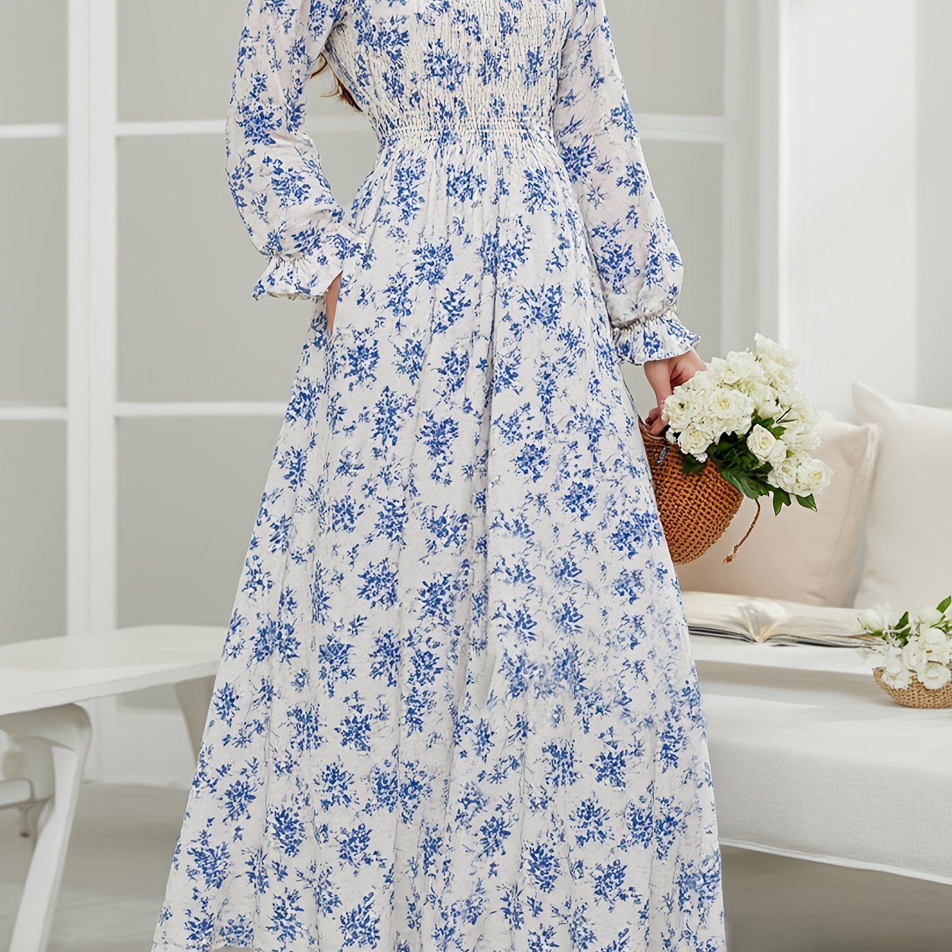 Elegant Long Dress for Women Featuring a Blue Floral Print, Side Slit, Square Neckline, And Ruffled Hem with Long Puff Sleeves, Perfect for Spring, Summer, And Autumn. This French Waist-Cinching Design Is Ideal for Beach Outi