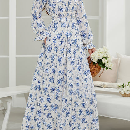 Elegant Long Dress for Women Featuring a Blue Floral Print, Side Slit, Square Neckline, And Ruffled Hem with Long Puff Sleeves, Perfect for Spring, Summer, And Autumn. This French Waist-Cinching Design Is Ideal for Beach Outi