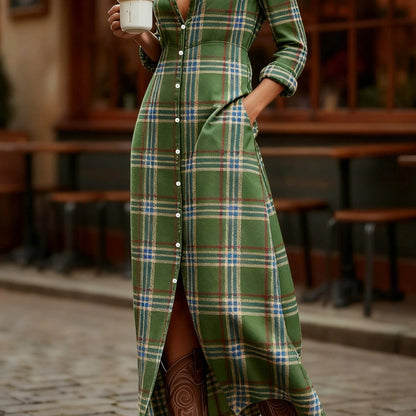 HERTALKA Fashionable Women's Dress with a Retro Checkered Long-sleeved Style