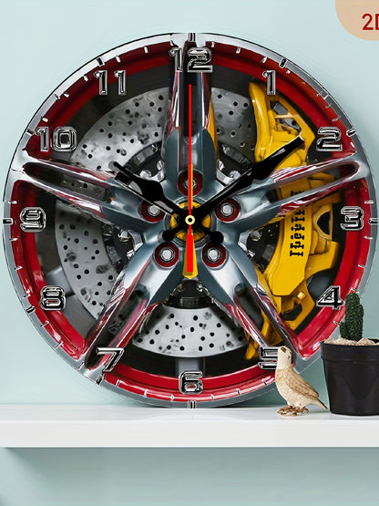 The 2D flat decorative plaque wall clock with the theme of "Exquisite car wheel hub" is equipped with a silent quartz movement. It is an ideal choice for wall decoration and also an excellent gift for birthdays, fireworks, Ch